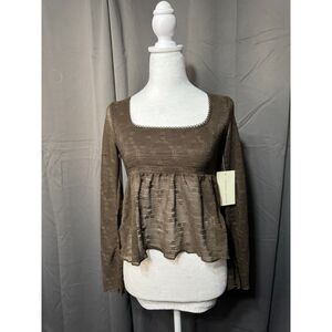 Frankee & Skylarr Brown Peplum Top XS Long Sleeve Sheer Textured Boho NW